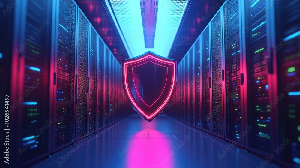 Poster a sleek digital shield hovers over an interconnected network of servers, representing secure data pr