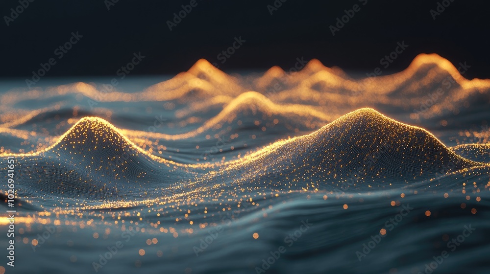 Poster a stunning display of golden waves flowing across a digital landscape, light bouncing off each wave,