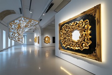 Golden frame surrounding a classic painting, with ornate designs catching the light, adding a touch of elegance and sophistication to the artwork