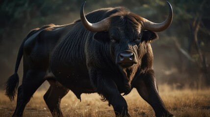 Naklejka premium A powerful bull surveys its territory, its thick fur and massive horns a testament to its strength