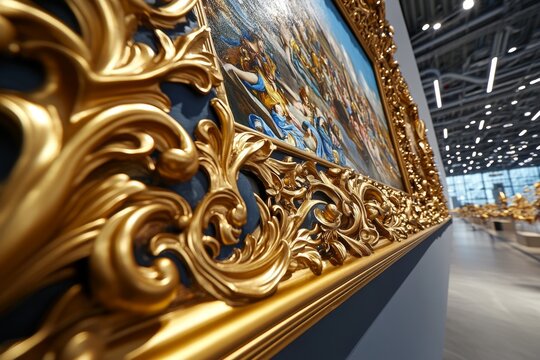 Golden frame surrounding a classic painting, with ornate designs catching the light, adding a touch of elegance and sophistication to the artwork