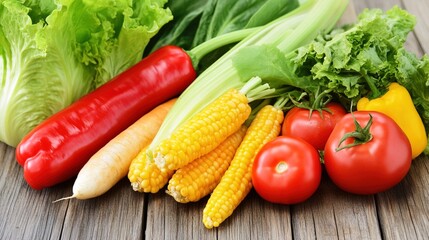Close-up of vibrant fresh vegetables and fruits on wooden table, symbolizing healthy blood pressure foods, emphasizing natural nutrition and wellness.