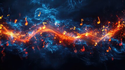 Fototapeta premium A symphonic masterpiece where musical notes and glowing light trails intertwine, symbolizing the energy and emotion of music in motion.