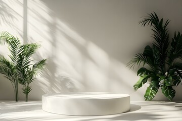 Fototapeta premium Minimalist Display Area with Lush Greenery and Soft Shadows