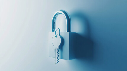 blue padlock with key  3d render illustration