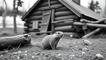 Alaskan Marmot 1937 - A curious ground squirrel, a member of the Marmot family, skulks around a cabin in the wilderness of the Alaska Territory in 1937.