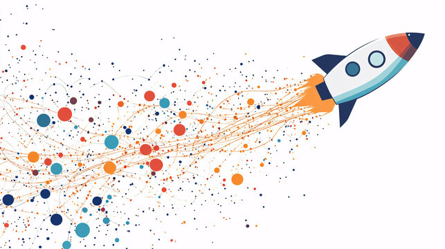 colorful abstract rocket with orange blue and red dots and lines flying through space