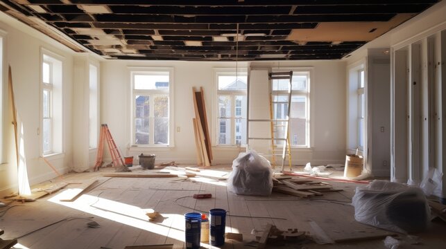 A spacious sunlit room under renovation, adorned with scattered tools and materials, promises transformation and new beginnings.