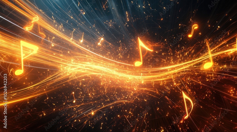 Poster a visual symphony of intertwined light trails and musical notes, capturing the fluidity and rhythm o