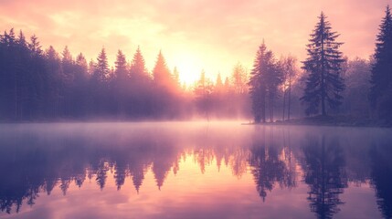 Misty Sunrise in the Tranquil Forest Lake