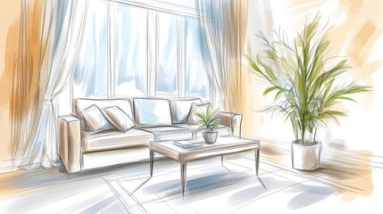 Modern Minimalist Living Room Sketch with Sofa, Coffee Table, and Plants in Light Blue and Beige Tones