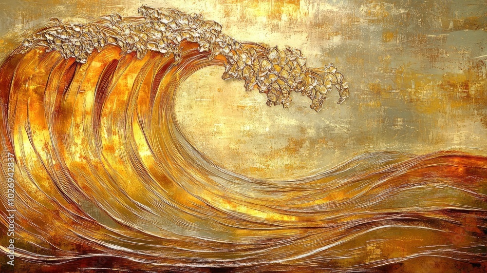 Aufkleber mesmerizing golden waves flow through a textured digital landscape, reflecting light in a way that c