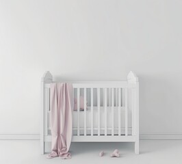 ミニマリストの子供部屋のピンクの毛布と空の白いベビーベッド。ベビーシャワーの招待状や製品のモックアップに最適です。