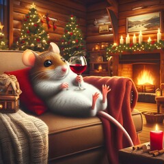 Funny mouse laying on the couch with glass of red wine, enjoying relaxing in luxury living room wood cabin, candlelight, fire place, Christmas decoration background. Funny pet animal portrait cartoon.