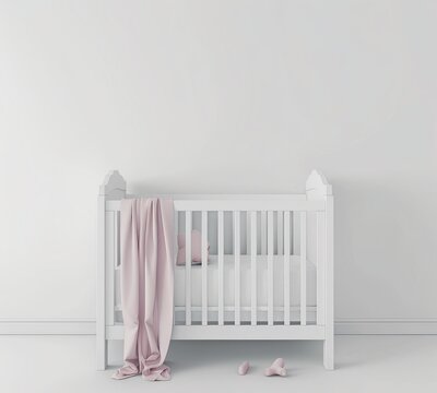 ミニマリストの子供部屋のピンクの毛布と空の白いベビーベッド。ベビーシャワーの招待状や製品のモックアップに最適です。