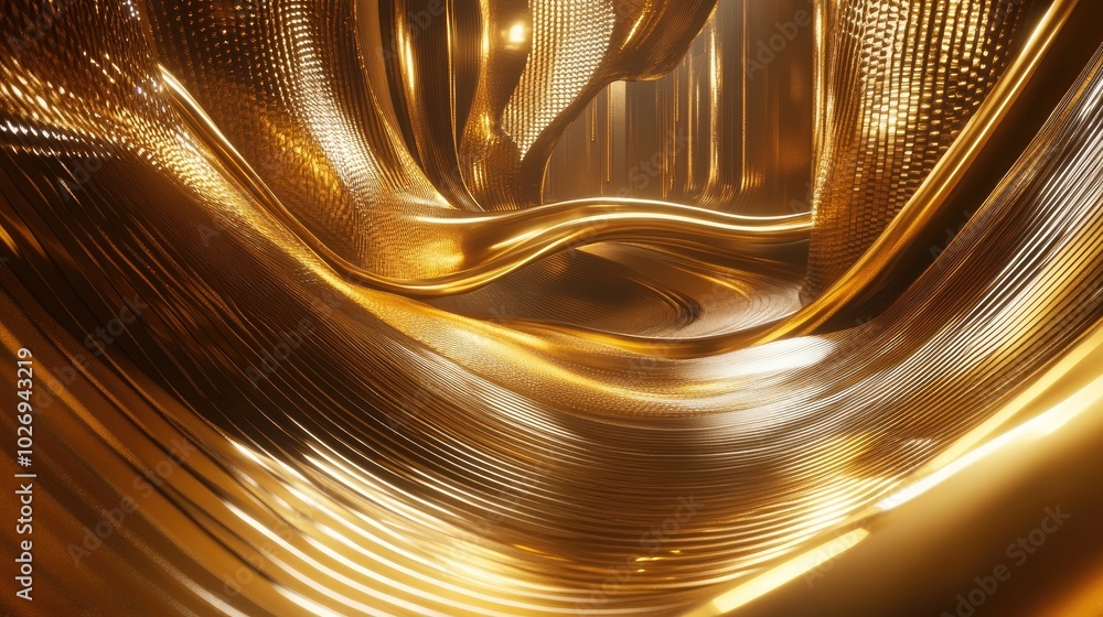 Poster waves of shimmering gold light stretch across a digital canvas, creating an elegant and futuristic d