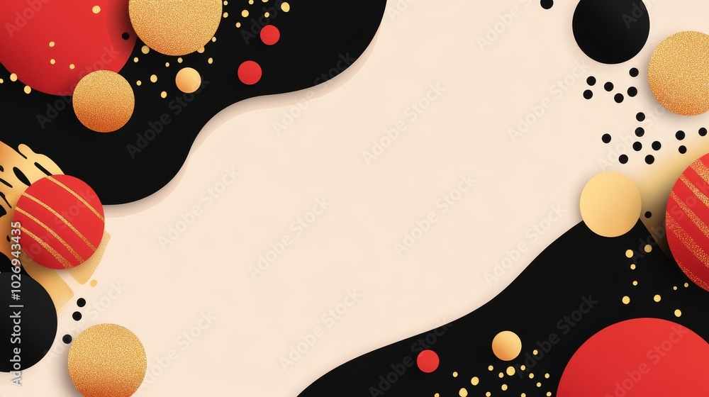 Poster abstract design featuring colorful circles and wavy shapes on a light background.