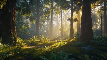 Obraz premium Enchanted Forest Sunlight: A Serene Woodland Landscape