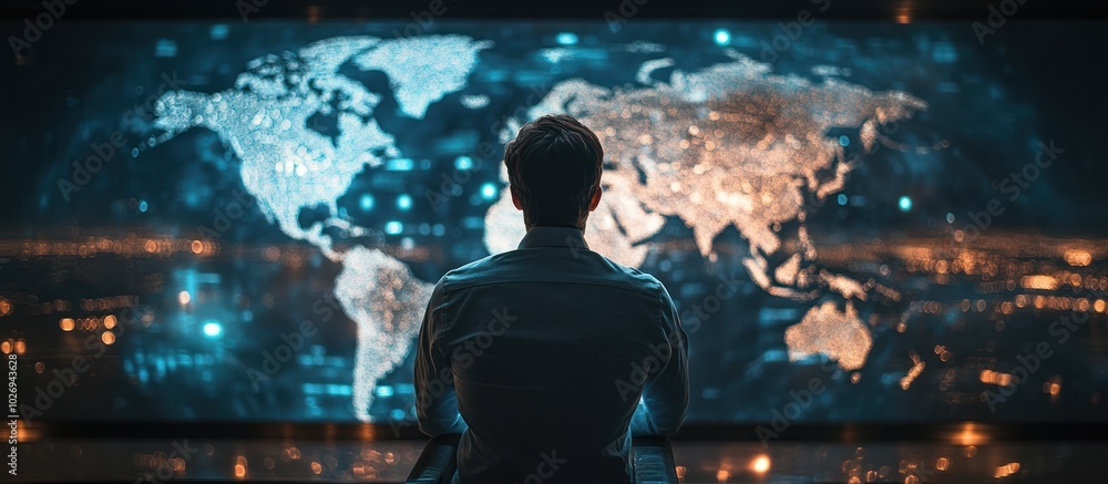Aufkleber a man looks at a large screen displaying a world map with glowing lights.