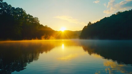 Serene Mountain Lake Reflected Sunrise Landscape