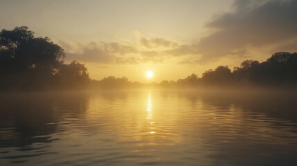 Obraz premium Serene Lake Sunset with Misty Reflections