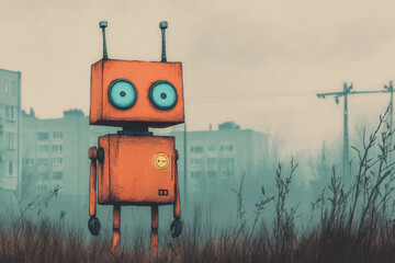 Red robot with blue eyes in an urban landscape, whimsical and futuristic digital illustration