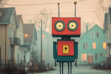 Naklejka premium Whimsical robot with keyhole in the chest standing on a street, surreal and futuristic illustration