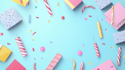 Obraz premium Colorful party decorations with gifts, candles, and confetti on a bright blue background.