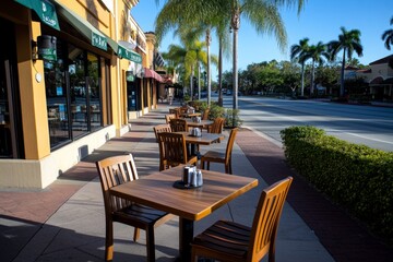 Outdoor dining area with tables spaced apart, illustrating the adaptations businesses made to continue operating while adhering to pandemic safety guidelines