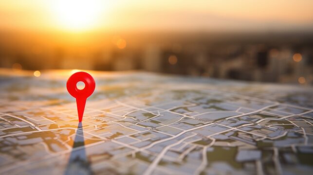 A single red pushpin is prominent on a map under the golden glow of sunset, representing a marked destination.