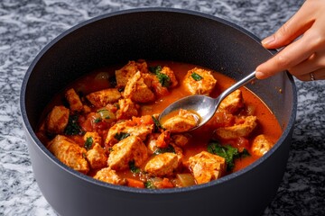 Person making their first soup, stirring a big pot and tasting the broth with a spoon, unsure if it needs more seasoning, capturing the learning process of flavor balancing