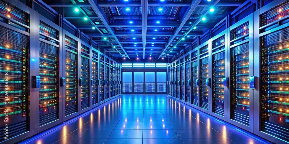 Poster high depth of field view of server room data center with racks of servers for it infrastructure and