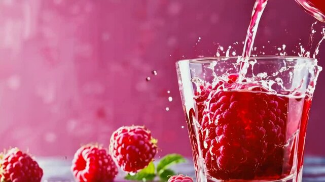 Raspberry juice is pouring and splashing in a glass.