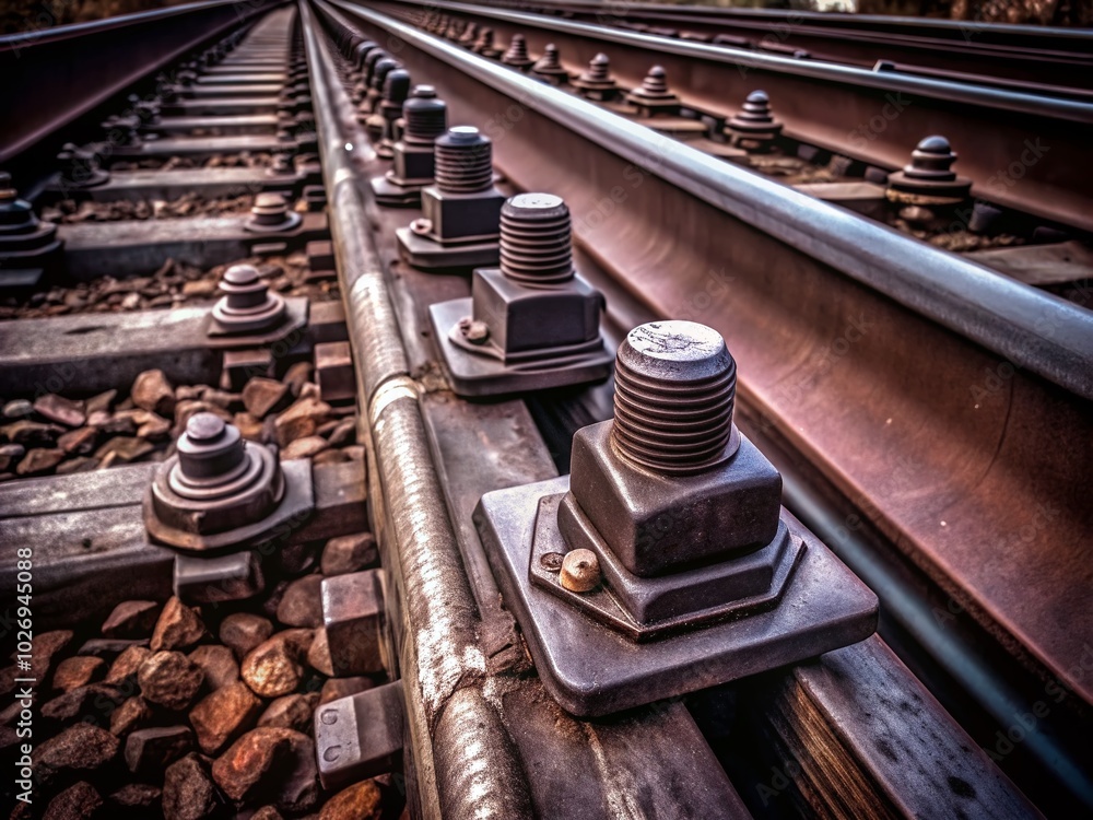 Poster high dynamic range image of large metal bolts and nuts for railway track fastening