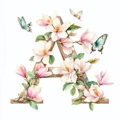 Obraz premium Isolated on white background, letter A surrounded by blooming magnolias and gentle butterflies, with a soft watercolor technique