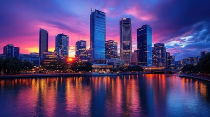 Fototapeta premium A vibrant city skyline at sunset reflecting on a river.