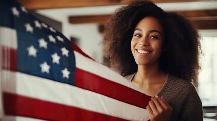 A joyful young woman holds the U.S. flag with pride, radiating patriotism and cheerfulness.
