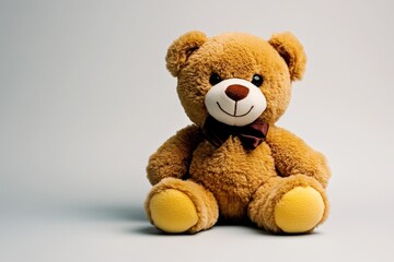 Single teddy bear doll sitting alone, with soft, muted colors and no background, emphasizing its comforting and nostalgic presence