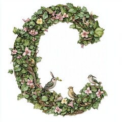 Isolated on white background, letter C covered in delicate ivy leaves and blossoming flowers.