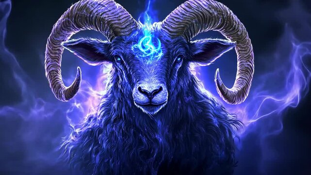 A black ram with large horns and glowing blue eyes stands against a dark background with swirling blue lights