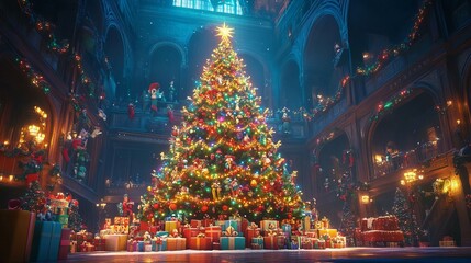 A Festive Christmas Celebration with a Stunningly Decorated Tree and Gifts in an Enchanting Setting