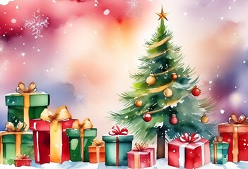 watercolor illustration of christmas tree with gifts on background with copy space, winter, christmas and new year concept