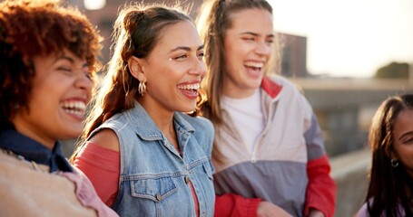 Friends, happy and relax in city with fashion, funny storytelling and bonding. Women, dance group...