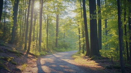 Obraz premium Serene Forest Trail Bathed in Warm Sunlight