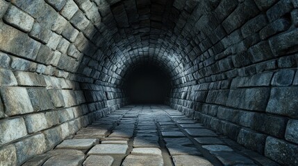 A dark, narrow tunnel with stone walls and a cobblestone path leading into the darkness.