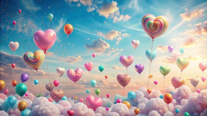 Fototapeta premium Whimsical and dreamy sky filled with candy balloons and sweet hearts , whimsical, dreamy, sky, candy balloons, sweet hearts