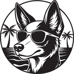 Obraz premium A stylish dog wearing a hat and sunglasses, surrounded by palm trees, featured in a beach-themed t-shirt design