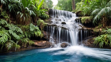 waterfall cascading into a crystal-clear pool