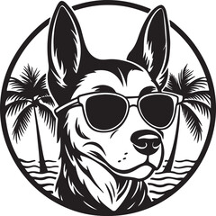 Obraz premium A stylish dog wearing a hat and sunglasses, surrounded by palm trees, featured in a beach-themed t-shirt design