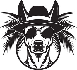 Obraz premium A stylish dog wearing a hat and sunglasses, surrounded by palm trees, featured in a beach-themed t-shirt design